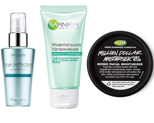 Oriflame Сыворотка мгновенного действия для совершенства кожи True Perfection, Garnier Матирующий крем–сорбет для смешанной и жирной кожи «Живительное Увлажнение», Lush Питательный крем для лица с маслом жожоба Million Dollar Moisturiser Oriflame Сыворотка мгновенного действия для совершенства кожи True Perfection, Garnier Матирующий крем–сорбет для смешанной и жирной кожи «Живительное Увлажнение», Lush Питательный крем для лица с маслом жожоба Million Dollar Moisturiser