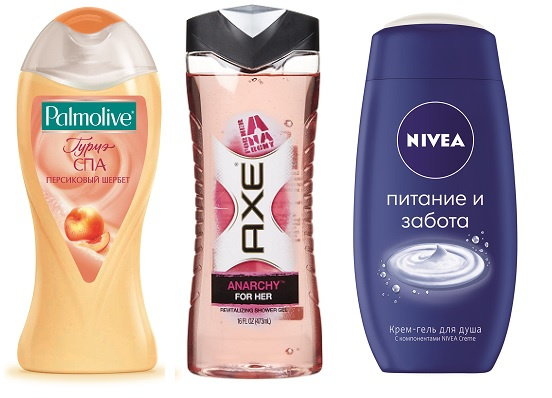Palmolive Крем-гель для душа Гурмэ СПА «Персиковый Шербет»,AXE Гель для душа AXE ANARCHY, Nivea Крем-гель для душа «Питание и забота» Palmolive Крем-гель для душа Гурмэ СПА «Персиковый Шербет»,AXE Гель для душа AXE ANARCHY, Nivea Крем-гель для душа «Питание и забота»