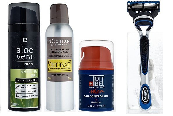 Слева направо:LR Гель для бритья ALOE VERA MEN, Гель для бритья L'Occitane Cedrat, Гель против возрастных изменений TOITBEL Age control gel, Бритва Gillette Fusion ProGlide Слева направо:LR Гель для бритья ALOE VERA MEN, Гель для бритья L'Occitane Gedrat, Гель против возрастных изменений TOITBEL Age control gel, Бритва Gillette Fusion ProGlide