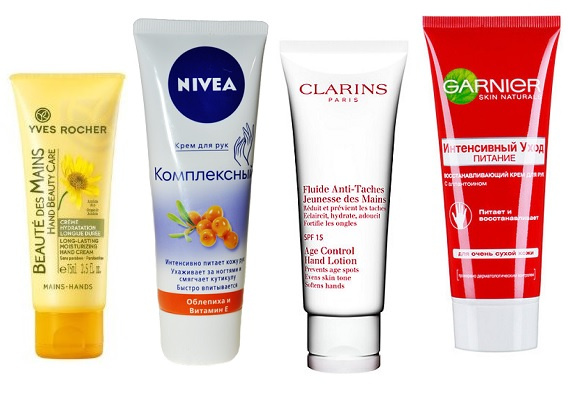 Yves Rocher Увлажняющий крем для рук длительного действия, Nivea Крем для рук с облепихой и Витамином Е «Комплексный», Clarins Лосьон для рук против пигментных пятен Jeunesse des Mains, Garnier Крем для рук «Интенсивный уход» Yves Rocher Увлажняющий крем для рук длительного действия, Nivea Крем для рук с облепихой и Витамином Е «Комплексный», Clarins Лосьон для рук против пигментных пятен Jeunesse des Mains, Garnier Крем для рук «Интенсивный уход»