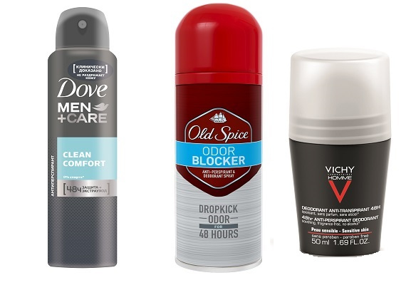 Антиперспиранты DOVE men care Clean comfort, Антиперспирант Old Spice ODOR Blocker, Антиперспирант для чувствительной кожи VICHY Homme Антиперспиранты DOVE men care Clean comfort, Антиперспирант Old Spice ODOR Blocker, Антиперспирант для чувствительной кожи VICHY Homme