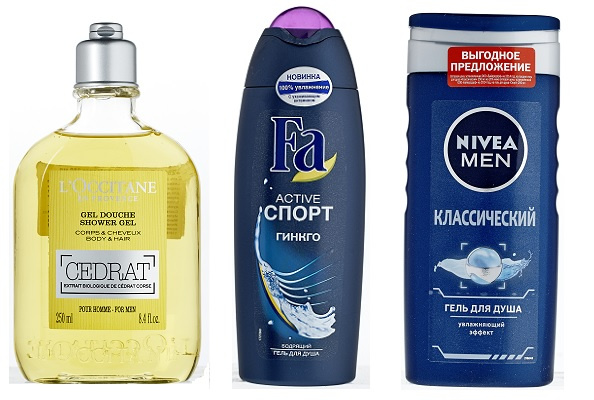Гель для душа L'Occitane Cedrat, Бодрящий гель для душа Fa Гинкго, Гель для душа Nivea for men Классический Гель для душа L'Occitane Cedrat, Бодрящий гель для душа Fa Гинкго, Гель для душа Nivea for men Классический