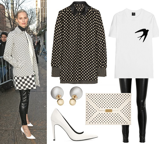 Блуза Belstaff, Футболка McQ (ЦУМ), Клатч Stella McCartney, Серьги Dior, Легинсы Buzz, Лодочки Mango
