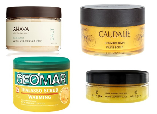 Ahava Скраб-масло смягчающий на основе солей Мертвого моря, Caudalie Скраб для тела Gommage Sauvignon Scrub, GEOMAR Талассо скраб с ароматом банана, Delarom Скраб для тела Orange Sugar Body Scrub