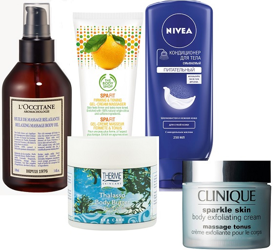 L’Occitane Расслабляющее масло для массажа Аромакология, The Body Shop Укрепляющий массажный крем-гель SPA FIT, Nivea Смываемый кондиционер для тела питательный, Therme Масло взбитое для тела Thalasso Body Butter, Clinique Отшелушивающий крем для тела Sparkle Skin Body Exfoliating Cream L’Occitane Расслабляющее масло для массажа Аромакология, The Body Shop Укрепляющий массажный крем-гель SPA FIT, Nivea Смываемый кондиционер для тела питательный, Therme Масло взбитое для тела Thalasso Body Butter, Clinique Отшелушивающий крем для тела Sparkle Skin Body Exfoliating Cream