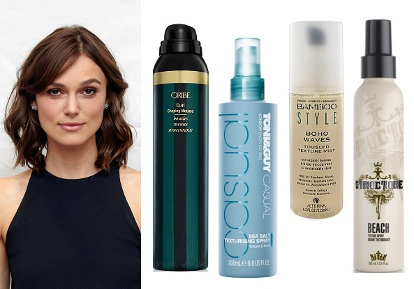 Кира Найтли. Oribe Мусс для создания локонов, Toni&Guy Текстурирующий спрей с морской солью, Alterna Спрей-активатор для кудрей, Joico Структурирующий спрей с "морским эффектом"