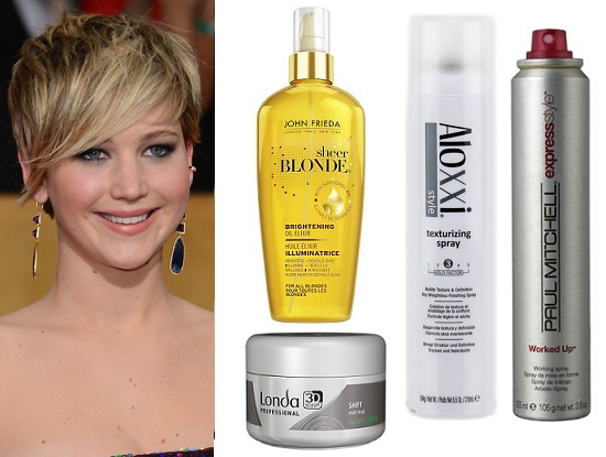 Дженнифер Лоуренс. John Frieda Масло-эликсир для сияния светлых волос, Landa Professional Матовая глина эластичной фиксации, Aloxxi style Текстурирующий спрей, Paul Mitchell Лак для волос