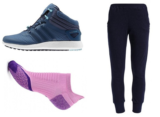 Утепленные кроссовки для бега Adidas Climaheat Rocket Boost MC, Носки Nike, Зимние спортивные брюки Roxy
