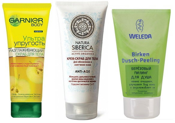 Garnier body Разглаживающий скраб для тела Утра упругость, Natura Siberica Антивозрастной крем-скраб для тела, Weleda Березовый пилинг для душа