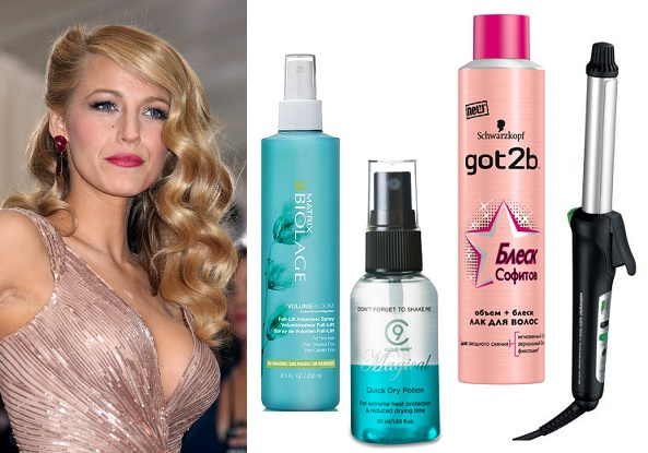 Блейк Лавли. Matrix Biolage Спрей для придания объема, Cloud Nine Средство для защиты волос от нагрева Magical, Schwarzkopf got2b Лак для волос Блеск софитов, Стайлер Braun Satin Hair 7
